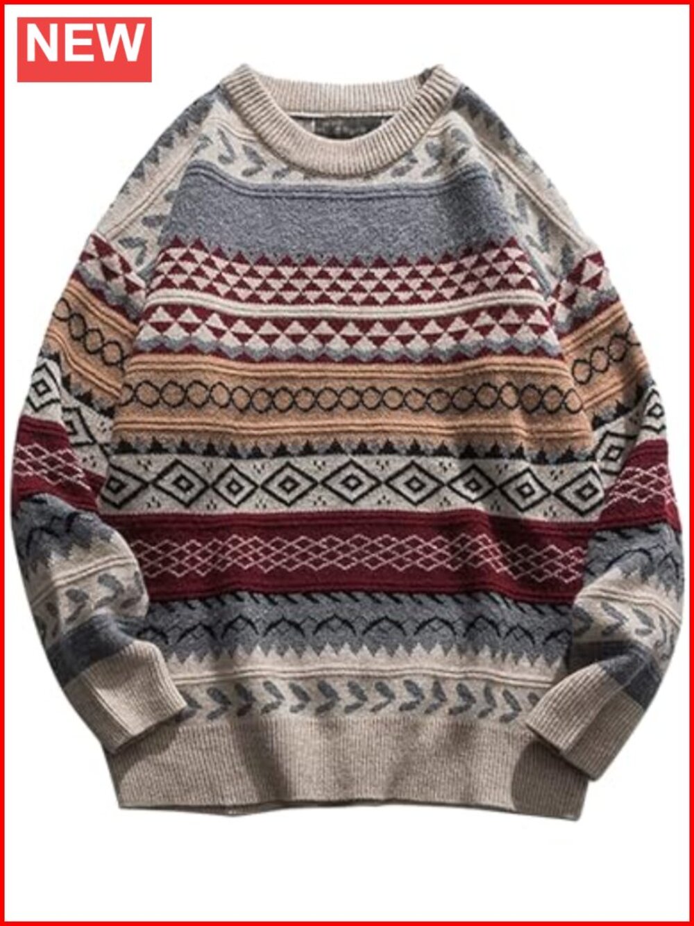 Mens Knit Sweater Grandpa Vintage Striped Pullover Crew Neck Long Sleeve